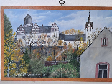 Das Bild zeigt ein Ölgemälde von Schloss Rochsburg, das Herr Gerschler angefertigt hat.