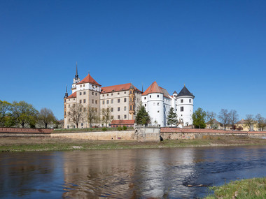 Blick auf das Schloss Hartenfels über die Elbe